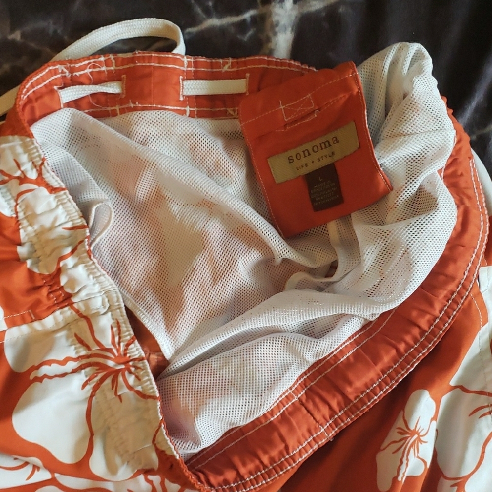 Sonoma Vibrant Orange Swim Trunks Hawaiian Orange Floral Flowers Excellent Large - Picture 4 of 15